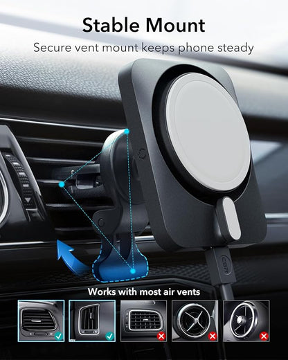 ESR for 15W MagSafe Car Mount Charger with CryoBoost, Made for Apple-Certified, for MagSafe Car Mount, Magnetic Wireless Car Charger for iPhone 17e/17-12, S26/S25, Fast Charging, Phone-Cooling Charger
