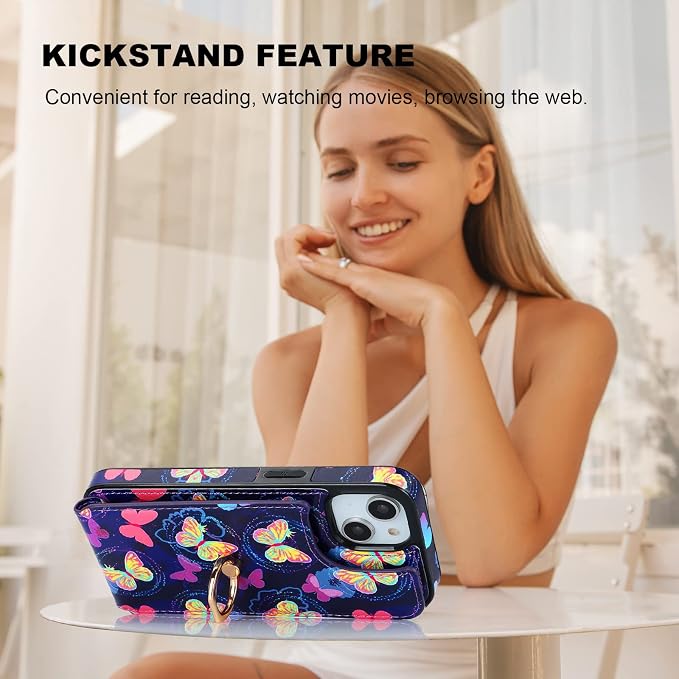 HAOPINSH for iPhone 13/ iPhone 14 Wallet Case with Card Holder, 360°Rotation Ring Kickstand, Pink Butterfly Pattern, RFID Blocking Leather for Girls Women, Double Buttons Flip Cover 6.1"