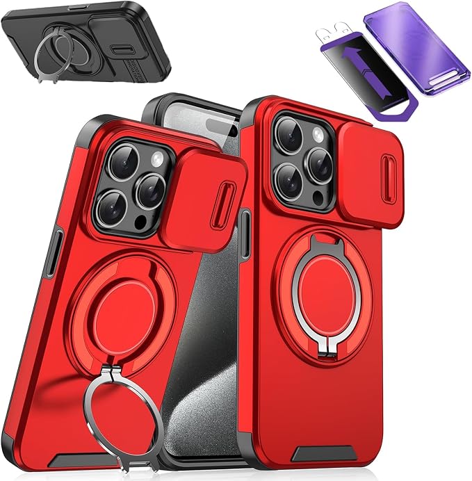 2026 New Case with Slide Camera Cover & 360° Rotatable Ring Kickstand, Free Tempered Glass Screen Protector for iPhone 11-17 Series (14 Pro,Red)