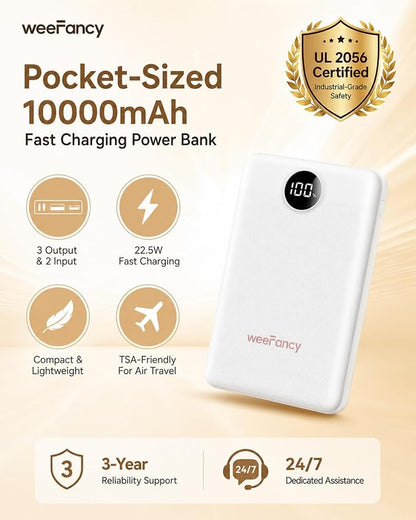 Small Portable Charger 10000mAh, Mini Power Bank with LED Display, 22.5W PD Fast Charging USB-C Battery Pack, Compact Lightweight Travel Charger Compatible with iPhone Samsung Android, White