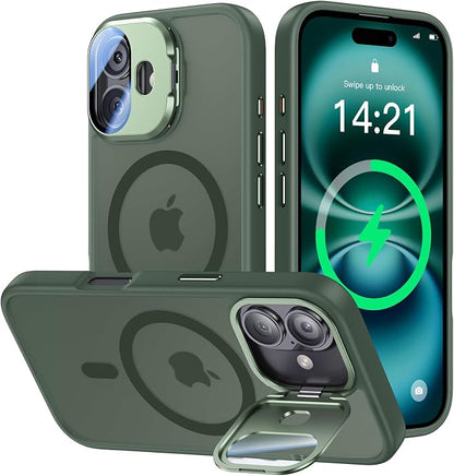 [Upgraded] for iPhone 16 Case with Camera Cover Stand [Fit for MagSafe][9H Camera Lens Protector] Mil-Grade Protection Translucent Matte Silicone Magnetic iPhone 16 Phone Case, Green