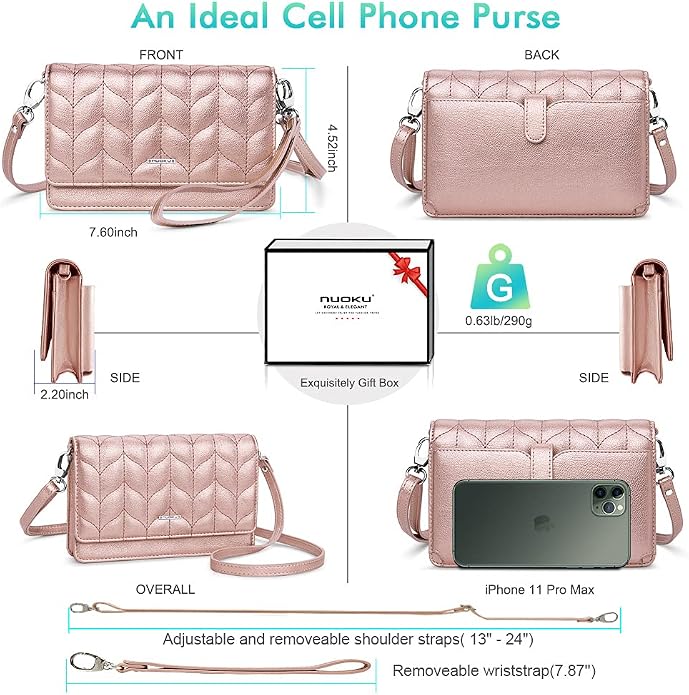 nuoku Women Small Crossbody Bag Cellphone Purse Wallet with RFID Card Slots 2 Straps Wristlet