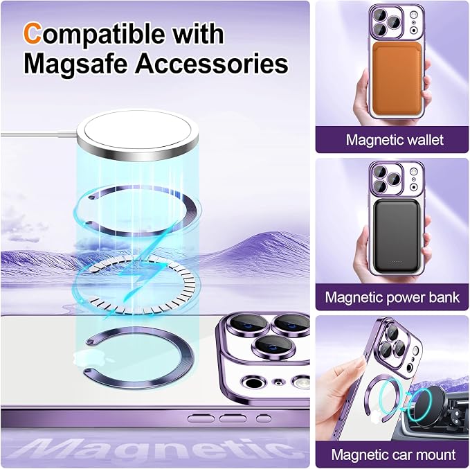 Hython for iPhone 17 Pro Case Glitter Clear Magnetic Phone Cases [Compatible with MagSafe] Full Camera Lens Protector Sparkle Luxury Plating Slim Shockproof Protective Cover Women, Purple