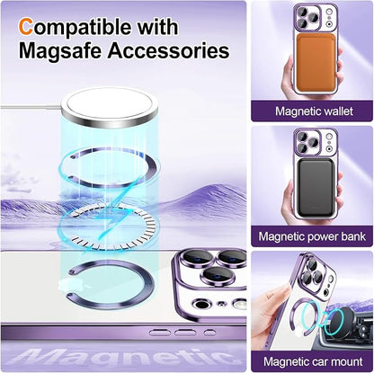 Hython for iPhone 17 Pro Case Glitter Clear Magnetic Phone Cases [Compatible with MagSafe] Full Camera Lens Protector Sparkle Luxury Plating Slim Shockproof Protective Cover Women, Purple