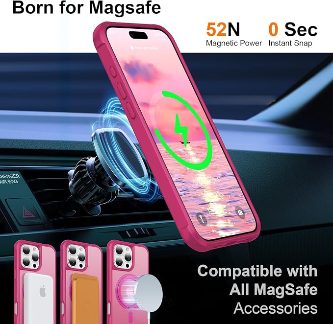 360° Magnetic Swivel Ring for iPhone 16 pro case, Built-in Metal Stand and Ring Holder, Magsafe Compatible, Military Grade Protection, Shockproof - Rose Pink