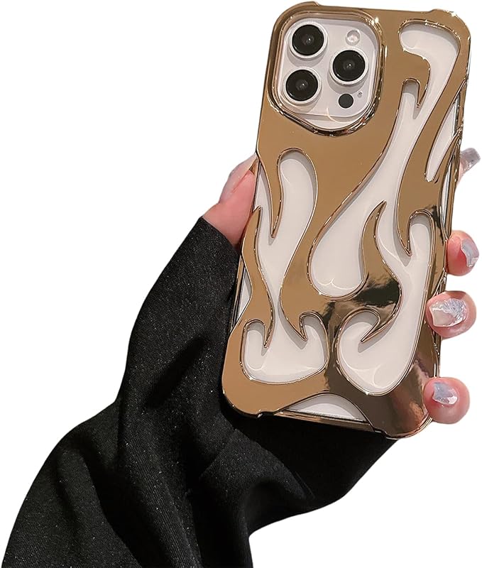 for iPhone 16 Pro Max Fire Hollow Breathable Soft Phone Case, Fashion 3D Flame Pattern Slim Shockproof Protective Soft Cover for iPhone 16 15 14 13 12 Pro Max (Gold,12Pro)