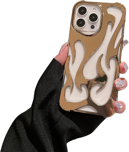 for iPhone 16 Pro Max Fire Hollow Breathable Soft Phone Case, Fashion 3D Flame Pattern Slim Shockproof Protective Soft Cover for iPhone 16 15 14 13 12 Pro Max (Gold,15Pro)