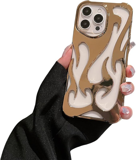 for iPhone 16 Pro Max Fire Hollow Breathable Soft Phone Case, Fashion 3D Flame Pattern Slim Shockproof Protective Soft Cover for iPhone 16 15 14 13 12 Pro Max (Gold,14Pro)