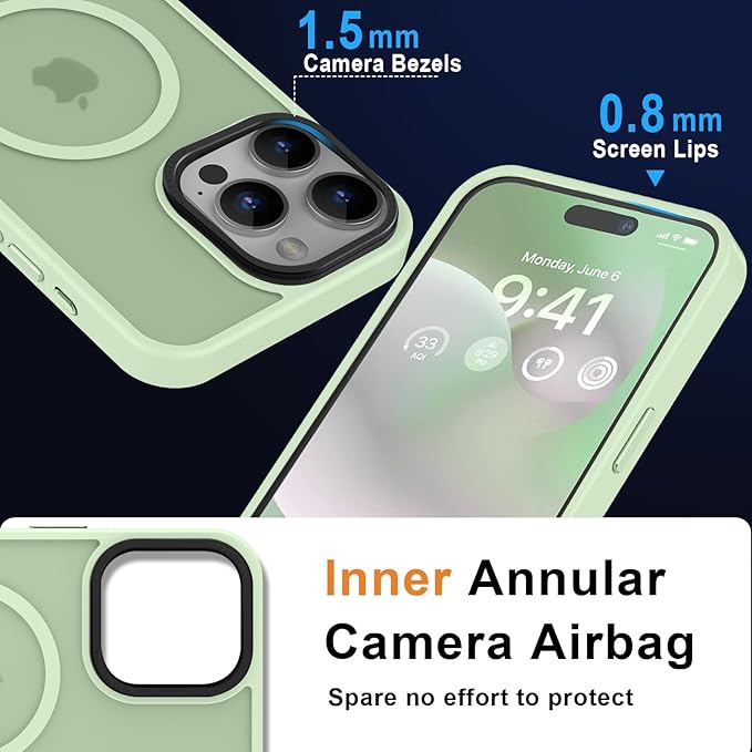MOCCA Strong Magnetic for iPhone 15 Pro Max Case, [Compatible with Magsafe][13FT Military Drop Protection] Slim Translucent Matte Shockproof Case for iPhone 15 ProMax Case 6.7'' - Light Green
