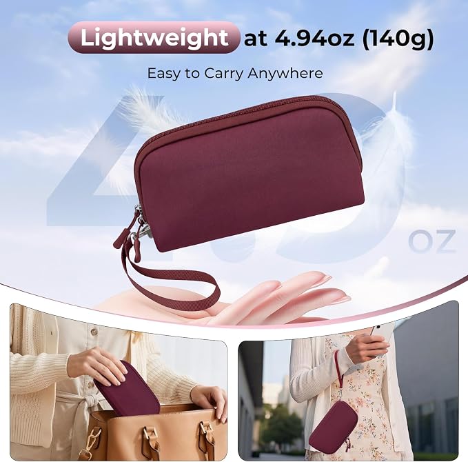 FYY Travel Cable Organizer - 8 Compartments, Lightweight, Water Repellent | With Wrist Strap, Portable Tech Pouch for Cord Charger, Travel and Business Trips Use, Soft Shell Nylon, Wine Red (Large)