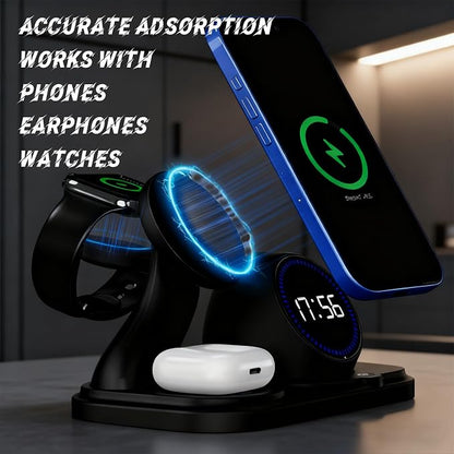 Wireless Charging Station with Clock,6-in-1 Charging Stand for Multiple Devices for iPhone 17 16 15 14 13 12 Pro Max, Apple Watch, Airpods, Bluetooth Speaker + RGB Light