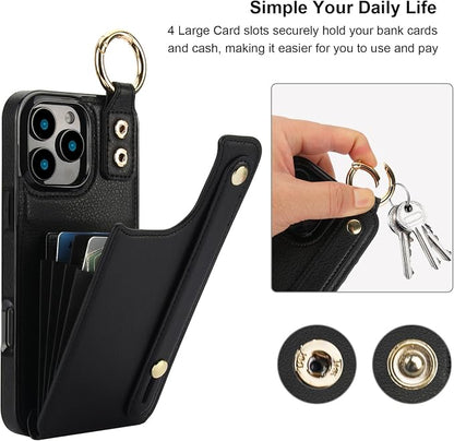 Folosu for iPhone 16 Pro Max Wallet Case with Card Holder, Hand Wrist Strap Loop Holder Kickstand, RFID Blocking Finger Grip Ring PU Leather Double Buttons Shockproof Cover 6.9" Black