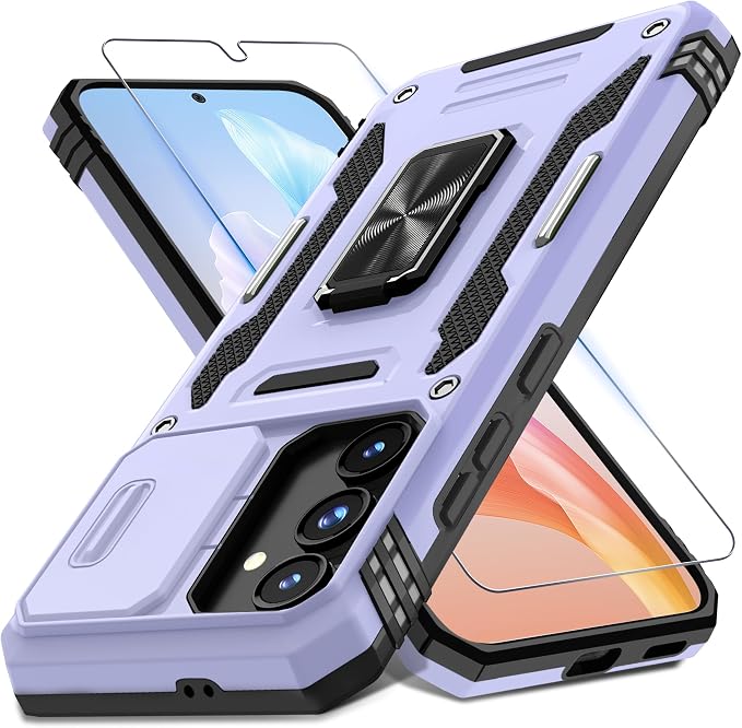 DEERLAMN Case for Samsung Galaxy S24 FE 6.7-Inch with Slide Camera Cover+Screen Protector(1 Pack), Rotated Ring Kickstand Military Grade Shockproof Protective Cover-Light Purple