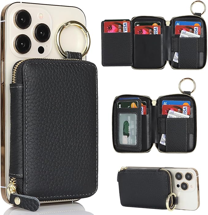 Cavor Compatible with MagSafe Wallet Genuine Leather Cash Wallets for Women, Magnetic Phone Wallet for iPhone 17 Pro Max/16/15/14/13/12, id Credit Card Holder with Mag safe Keychain-Black