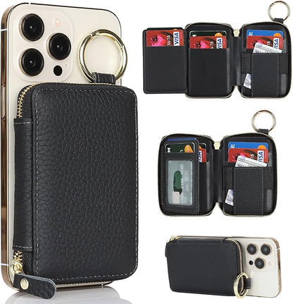 Cavor Compatible with MagSafe Wallet Genuine Leather Cash Wallets for Women, Magnetic Phone Wallet for iPhone 17 Pro Max/16/15/14/13/12, id Credit Card Holder with Mag safe Keychain-Black
