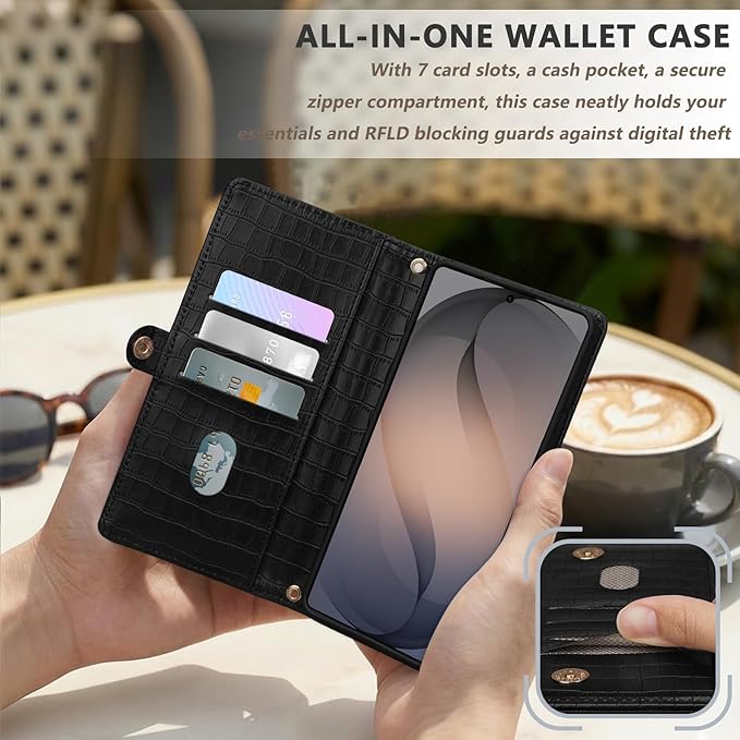 Crossbody Wallet Case for Samsung Galaxy S26 Ultra with Mirror, Wrist Strap, Zipper Purse Magnetic Flip, RFID Blocking Card Holder, PU Leather Shockproof Women (Black)