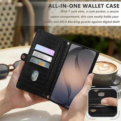 Crossbody Wallet Case for Samsung Galaxy S26 Ultra with Mirror, Wrist Strap, Zipper Purse Magnetic Flip, RFID Blocking Card Holder, PU Leather Shockproof Women (Black)