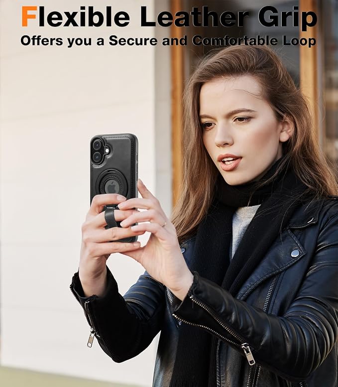 for iPhone 16 Plus Leather Case with Stand, Anti-Slip Grip Ring, Fits for MagSafe (Black, iPhone 16 Plus)