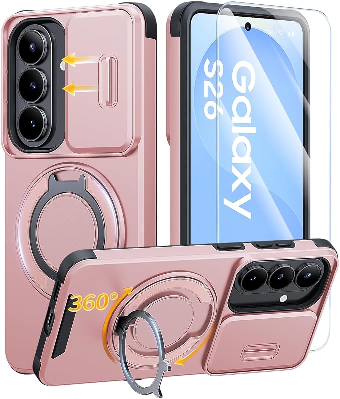 JAME for Samsung Galaxy S26 Case, Ring Holder Stand Kickstand, Slide Camera Cover with Screen Protector, Dual-Layer Shockproof Protective, Magnetic Accessory Friendly Galaxy S26 Phone Case, Pink