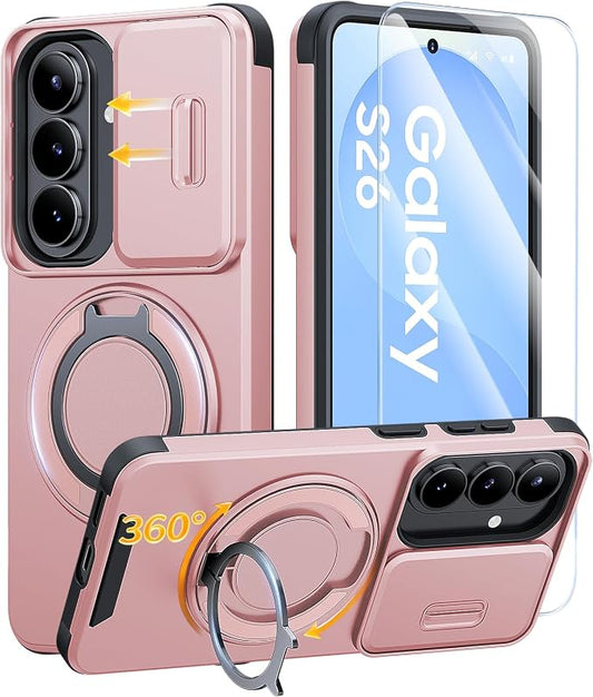 JAME for Samsung Galaxy S26 Case, Ring Holder Stand Kickstand, Slide Camera Cover with Screen Protector, Dual-Layer Shockproof Protective, Magnetic Accessory Friendly Galaxy S26 Phone Case, Pink
