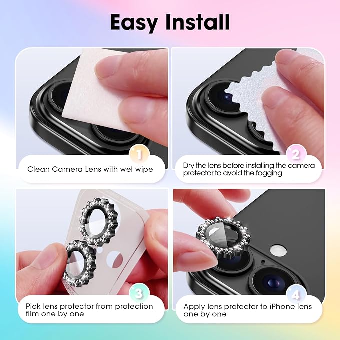 Xfilm for iPhone 16/16 Plus Camera Lens Protector Bling Individual Sun Design Diamond Ring 9H Hardness Scratchproof Protector, Stylish Phone Accessories, Case Friendly (Black)