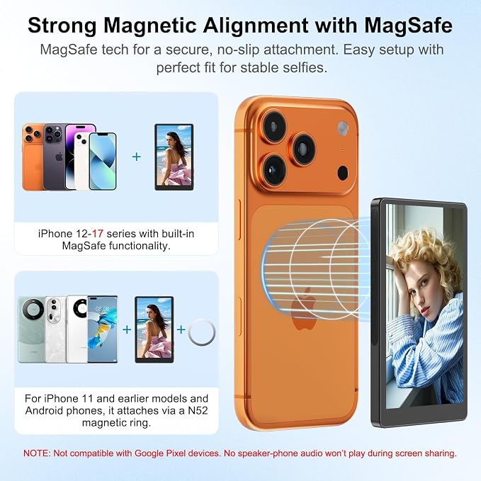 4" Back Camera Monitor iPhone 17, Magnetic Vlog Selfie Monitor Screen for iPhone 17,1080P Wireless Mirroring Back Camera Selfie Monitor for Vlog YouTube TikTok,Snaplylens for iPhone,Android, Black
