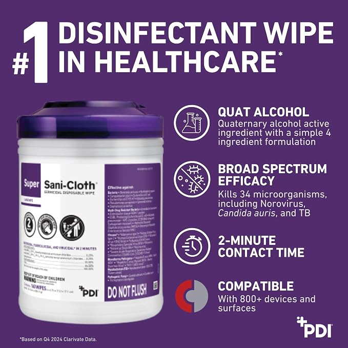 Super Sani- Cloth Germicidal Disposable Wipe, X-Large 5'' x 8'' Wipe, Pop Up Dispenser of 65