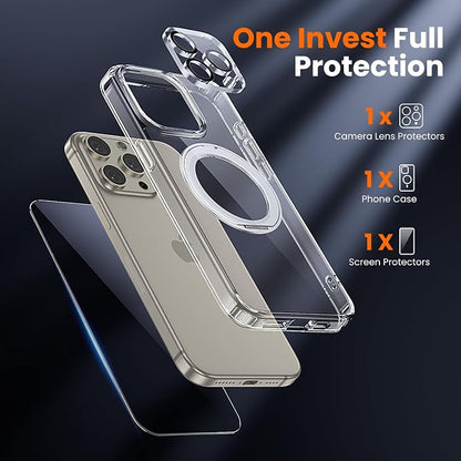 3 in 1 for iPhone 15 Pro Case Stand |Build in Kickstand,Screen Protector *1 & Camera Lens Protector*1, Not Yellowing, Fits MagSafe, Military-Grade Protection