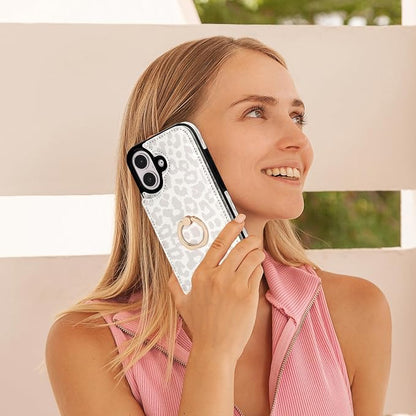HAOPINSH for iPhone 16 Wallet Case with Card Holder, 360°Rotation Ring Kickstand, White Leopard Pattern, RFID Blocking Leather for Girls Women, Double Buttons Protective Cover 6.1"