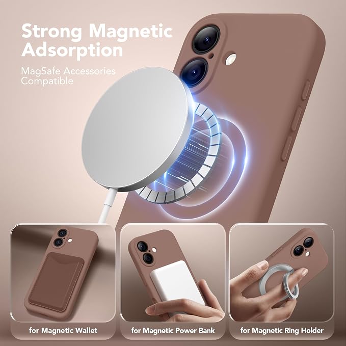 Magnetic for iPhone 16 Case, Compatible with MagSafe, [Screen Protector + Full Camera Protection], Silicone Shockproof Anti-Scratch Protective Phone Case for iPhone 16 6.1", Brown