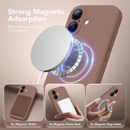 Magnetic for iPhone 16 Case, Compatible with MagSafe, [Screen Protector + Full Camera Protection], Silicone Shockproof Anti-Scratch Protective Phone Case for iPhone 16 6.1", Brown