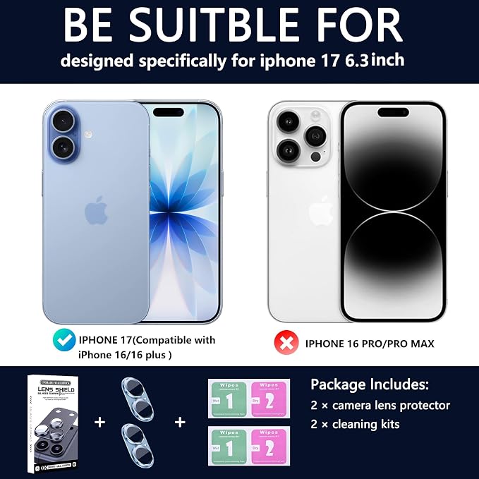 2 Pack Camera Lens Protector for iPhone 17,Metal AR Tempered Glass Rear Camera Screen Cover,Anti-Scratch,Strong Adsorption,Case Friendly, Easy to Install-Light Blue