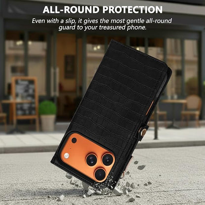 Crossbody Wallet Case for iPhone 17 Pro Max with Mirror, Wrist Strap, Detachable Zipper Purse, Magnetic Flip RFID Blocking Card Holder, Wireless Charging Case 6.9" Women (Textured Black)
