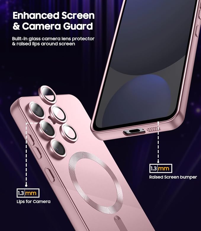 Magnetic for Samsung Galaxy S24 FE Case [Compatible with MagSafe][Built-in Camera Lens Protector] Slim Soft Silicone Bumper Shockproof Metallic Luster Phone Cover (Rose Gold)