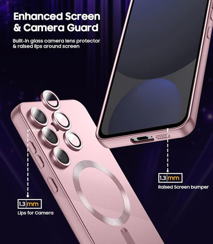 Magnetic for Samsung Galaxy S24 FE Case [Compatible with MagSafe][Built-in Camera Lens Protector] Slim Soft Silicone Bumper Shockproof Metallic Luster Phone Cover (Rose Gold)