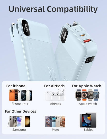 RORRY Portable Charger w/Wall Plug 10000mAh Power Bank 22.5W Battery Pack | Built in Cables, Fast Charging, for iPhone, iPad, Samsung Galaxy, Pixel, LG, Travel Essential, Digital Display, Pocket Size