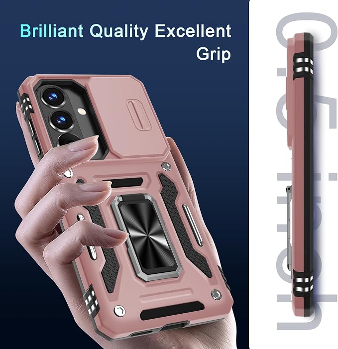DEERLAMN Case for Samsung Galaxy S26 6.3-Inch with Slide Camera Cover+Screen Protector(1 Pack), Rotated Ring Kickstand Military Grade Shockproof Protective Cover-Rose Gold