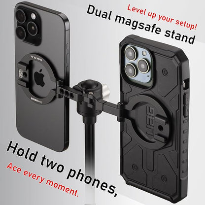 Dual Magnetic Ring Phone Mount - Foldable 360° Rotation CNC Aluminum Stand,1/4" Screw,Cold Shoe Interface, Hands-Free Holder for Live Streaming, Selfies & Multi-Device Use