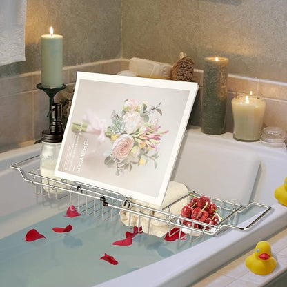 HOMEE Stainless Steel Shower Caddy Tray with Removable Book Holder, European Style Extendable Rectangular Bathroom Tray for Shower Bath Phone IPad Book Holder Candleholder Table Shelf - Silver