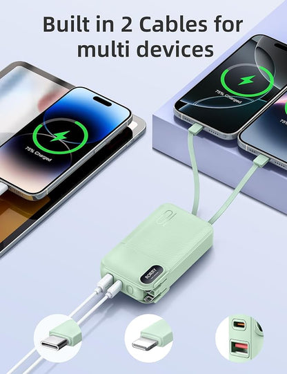 RORRY Portable Charger w/Wall Plug 10000mAh Power Bank 22.5W Battery Pack | Built in Cables, Fast Charging, for iPhone, iPad, Samsung Galaxy, Pixel, LG, Travel Essential, Digital Display, Pocket Size