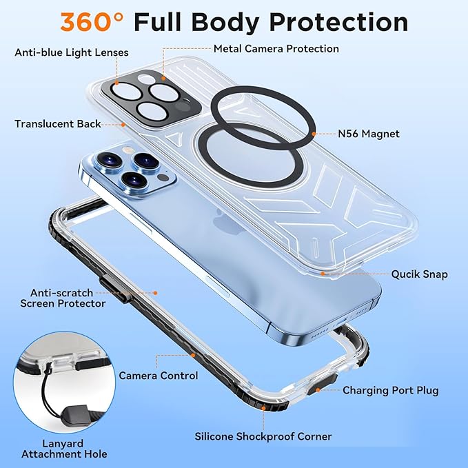 WIFORT for iPhone 15 Pro Max Waterproof Case, [IP68 Underwater Dustproof][Built-in Screen][15FT Military Shockproof], 360 Full Body Sealed Protection Cover Magnetic Frosted Phone Case, 6.7" Black