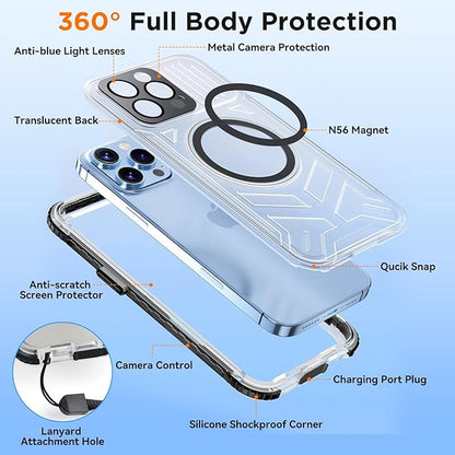WIFORT for iPhone 15 Pro Max Waterproof Case, [IP68 Underwater Dustproof][Built-in Screen][15FT Military Shockproof], 360 Full Body Sealed Protection Cover Magnetic Frosted Phone Case, 6.7" Black