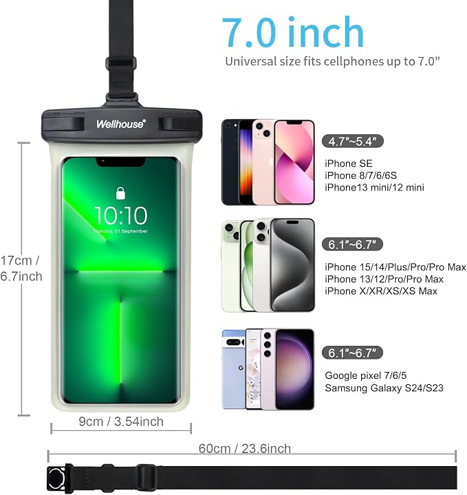wellhouse Waterproof Phone Pouch, Waterproof Phone Case for iPhone 17 16 15 14 13 Pro Max XS Samsung, IPX8 3D Cellphone Dry Bag Beach Essentials (1 Pack - Luminous Black7.0, 7 inch)