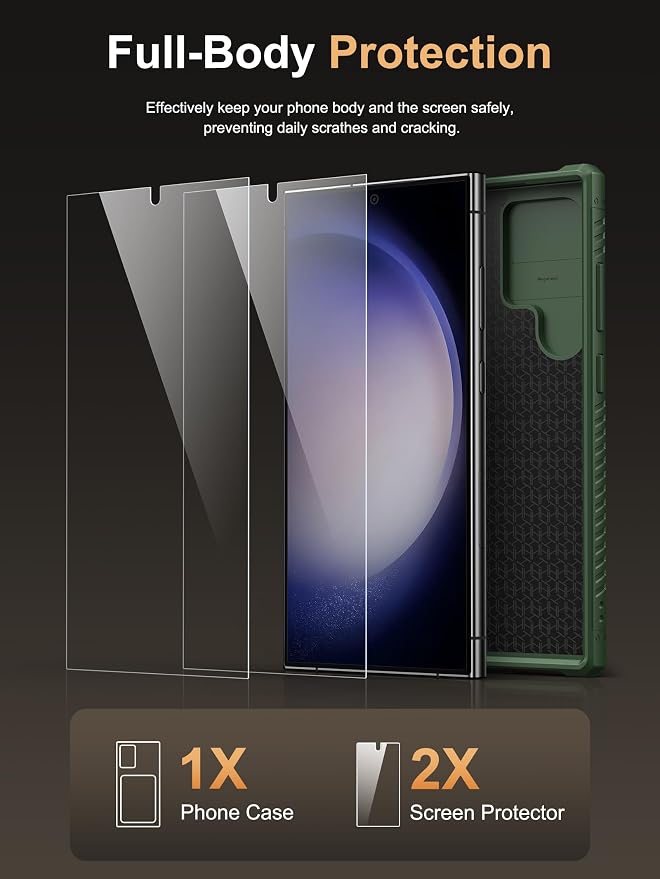 Vihibii for Samsung Galaxy S23 Ultra Case with Card Holder (4 Cards), Built-in 2X Tempered Glass Screen Protector & Slide Camera Cover & Kickstand, Rugged & Shockproof Phone Case for S23 Ultra, Green