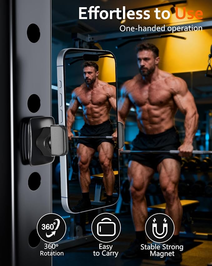 Sunmig Gym Magnetic Phone Holder Mount, Portable 360° Rotatable Powerful Magnet Base Phone Mount for Gym Equipment, Gym Accessories for Women Men, Compatible with 4-7" Smartphones (Black)
