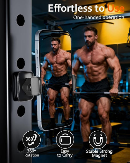 Sunmig Gym Magnetic Phone Holder Mount, Portable 360° Rotatable Powerful Magnet Base Phone Mount for Gym Equipment, Gym Accessories for Women Men, Compatible with 4-7" Smartphones (Black)