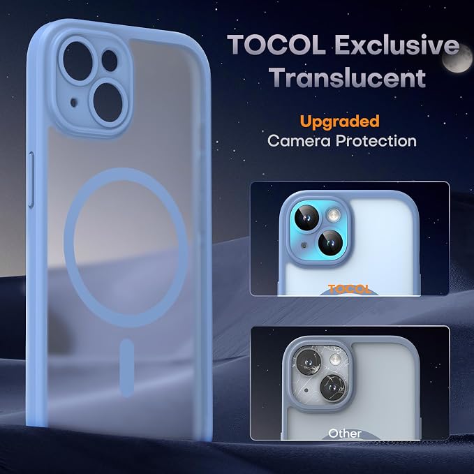 TOCOL Magnetic for iPhone 14 Case, Upgraded Full Camera Protection, Compatible with Magsafe, Drop Protection, Translucent Matte Back Bumper Phone Cover 6.1-Inch (Light Blue)