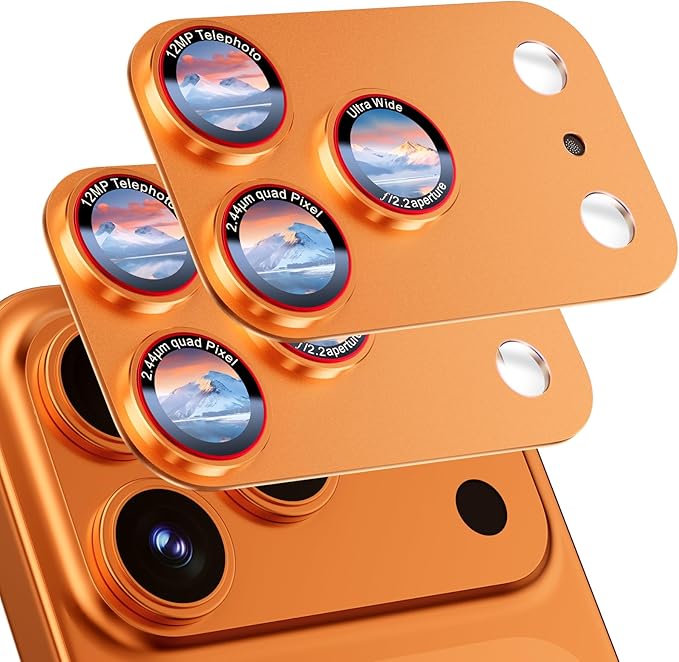 9H High-alumina Tempered Glass Camera Lens Protector for iPhone 17 Pro Max Lens , Military-Grade Shatterproof with Strong Adsorption, Full Coverage Case-Friendly Cover (Orange, iPhone 17 Pro Max - 2 Pack)