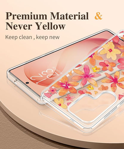 GVIEWIN for Samsung Galaxy S26 Ultra Case, Clear Floral Slim Shockproof Protective Women Phone Case, Non-Yellowing, with Screen Protector &Camera Lens Protector for S26 Ultra 6.9", Hemerocallis/Orange