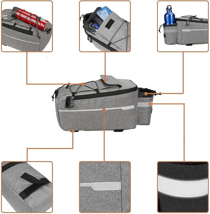ZIMFANQI Bike Rear Rack Bag 10L Insulated Bike Trunk Cooler Bag Reflective Bicycle Rear Seat Cargo Bag Water Resistant Bike Panniers Bag Cycling Luggage Bag Shoulder Bag with Silicone Phone Holder